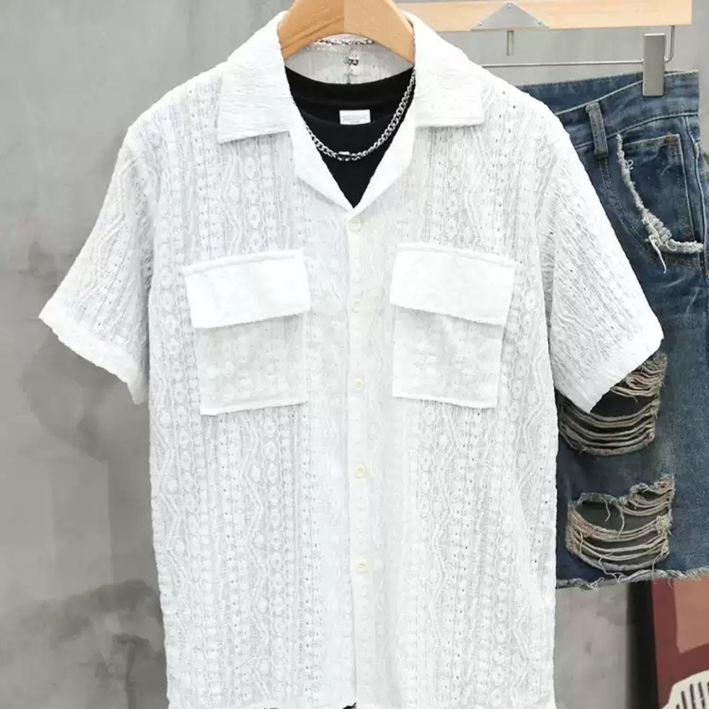 White Textured Knit Camp Shirt
